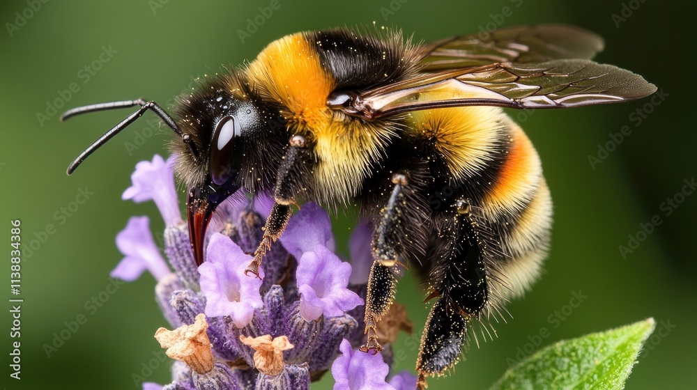 Close-up of a bumblebee collecting pollen from lavender. Close-up of a bumblebee collecting pollen from lavender.