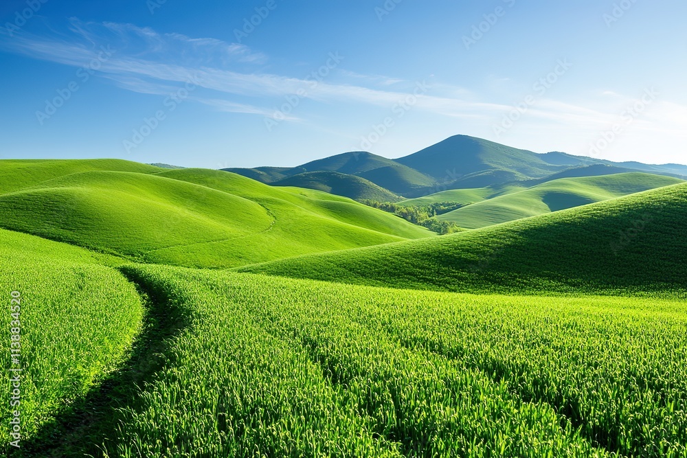 Vibrant green hills under clear blue sky, pathway leading through. Vibrant green hills under clear blue sky, pathway leading through.