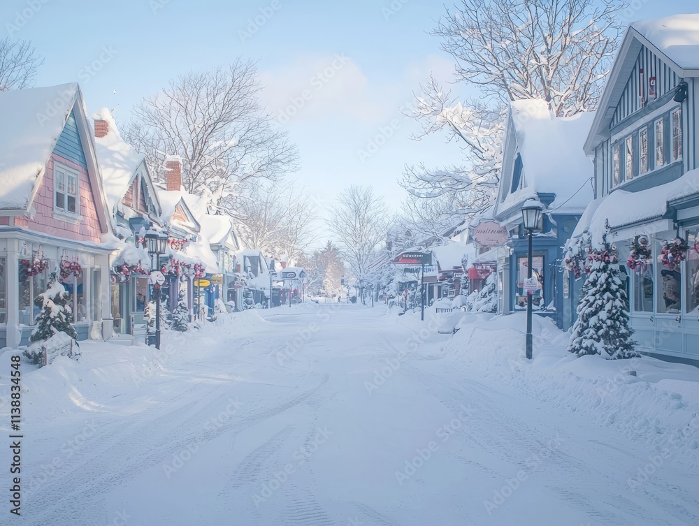 Naklejka premium Snow-covered street with charming houses and festive decorations.