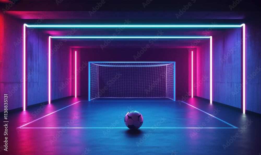 Neon-lit soccer field with goal and ball Neon-lit soccer field with goal and ball