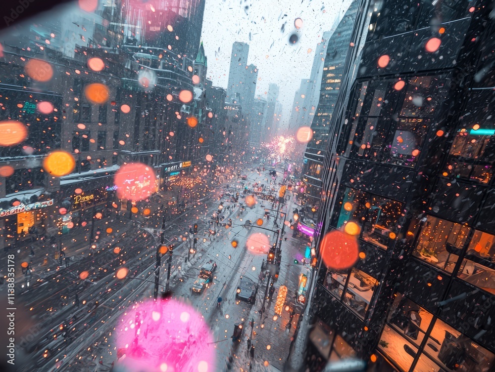 Naklejka premium Snowy urban scene with colorful bokeh lights and busy streets.