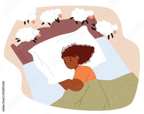 Young woman counting sheep suffering from sleep disorder and insomnia due to stress in life