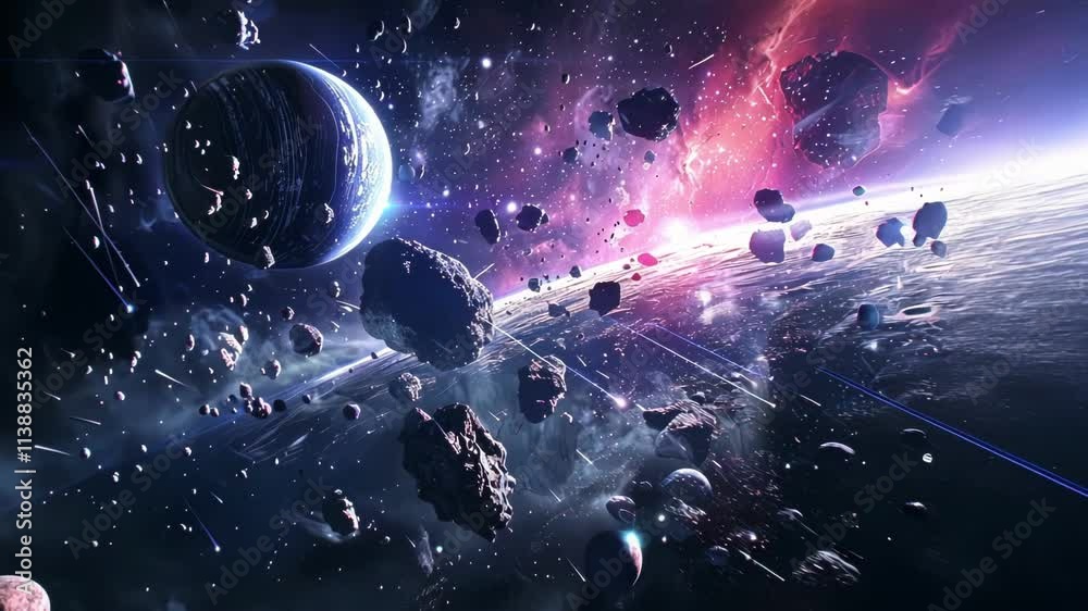 Vibrant galaxy with colorful nebulae, shooting stars, and asteroids heading towards a planet, capturing the essence of deep space with a futuristic and cosmic atmosphere