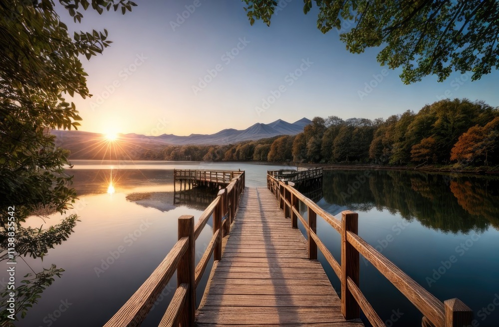 A serene lakeside scene at sunrise with a wooden pier leading into calm reflective waters, surrounded by lush trees, distant mountains, and golden sunlight illuminating the peaceful landscape A serene lakeside scene at sunrise with a wooden pier leading into calm reflective waters, surrounded by lush trees, distant mountains, and golden sunlight illuminating the peaceful landscape