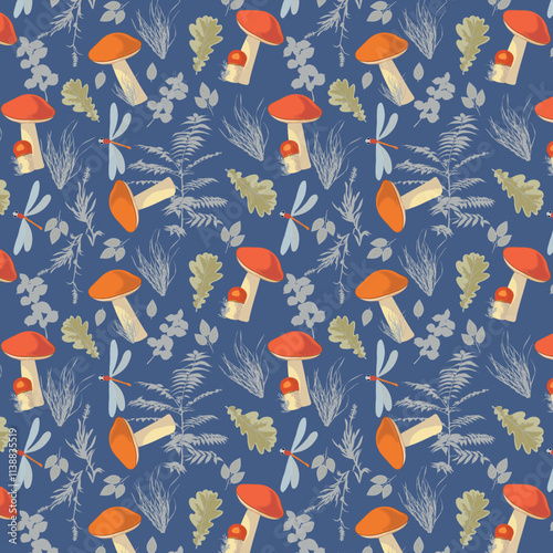Pattern with mushrooms with red caps and autumn leaves and grass.eps