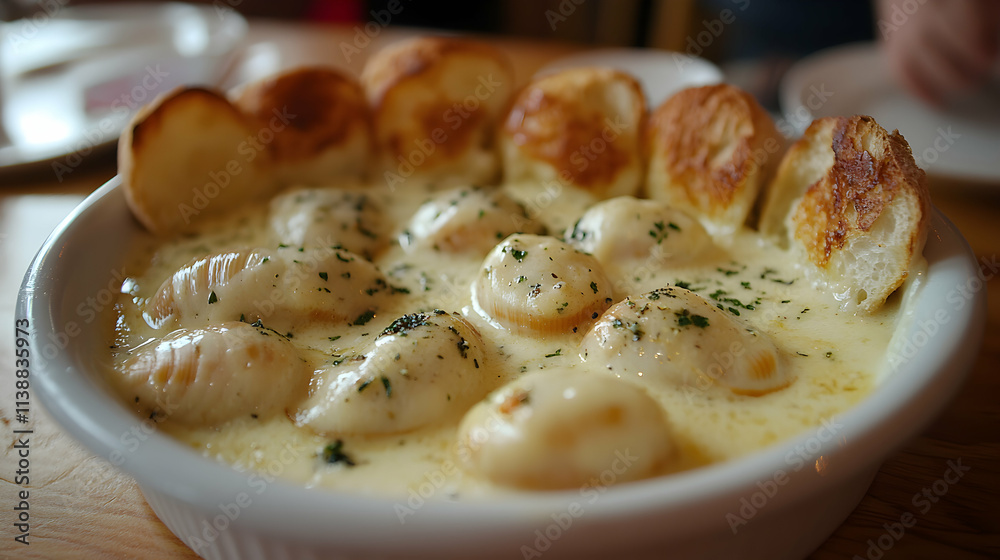 Creamy garlic bread and potato dish, close-up shot showcasing texture and appetizing detail. Perfect for food blogs, restaurant menus, or culinary publications. Creamy garlic bread and potato dish, close-up shot showcasing texture and appetizing detail. Perfect for food blogs, restaurant menus, or culinary publications.