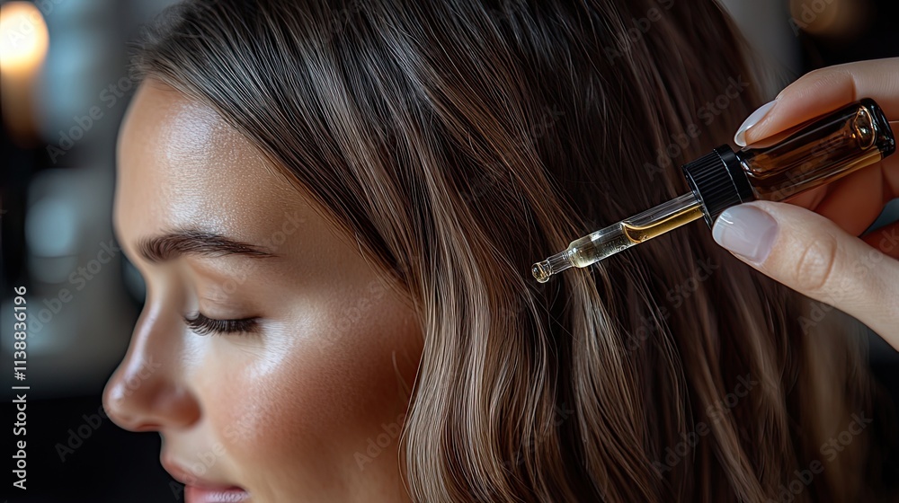 Obraz premium Hairdresser wearing black gloves applying hair dye to young woman in beauty salon
