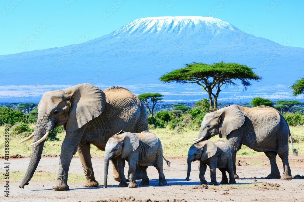 Fototapeta premium A group of elephants walking through the savanna with Mount Kilimanjaro
