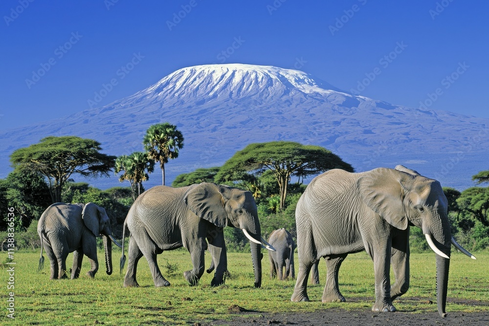 Fototapeta premium A group of elephants walking through the savanna with Mount Kilimanjaro