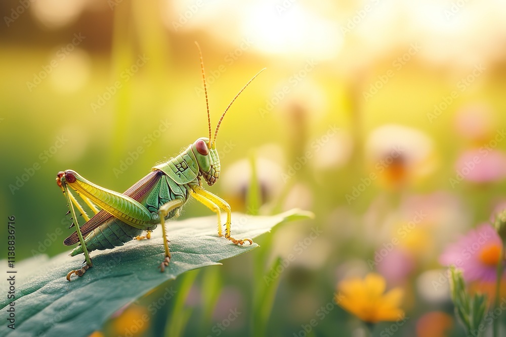 Grasshopper perched on leaf in sunlit meadow with flowers Grasshopper perched on leaf in sunlit meadow with flowers