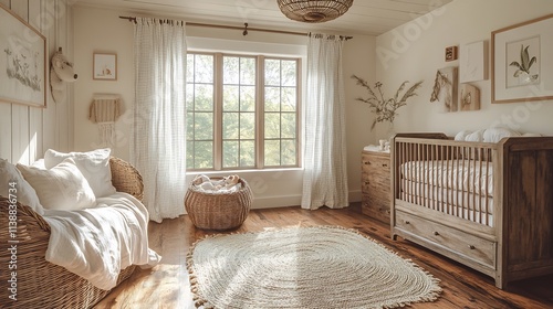 Farmhouse nursery with a distressed wood changing table gingham curtains and a braided rug utilizing reflective surfaces to enhance the room's bright airy feel