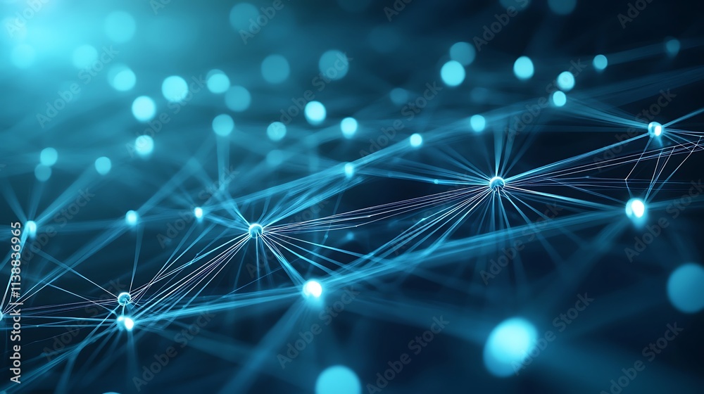 Obraz premium Abstract glowing network of connected points and lines on a dark blue background with bokeh lights