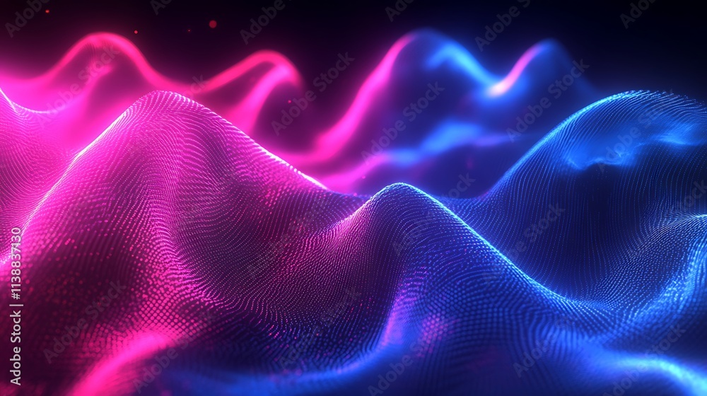 Obraz premium Abstract waves of pink and blue light create a dynamic digital landscape against a dark background