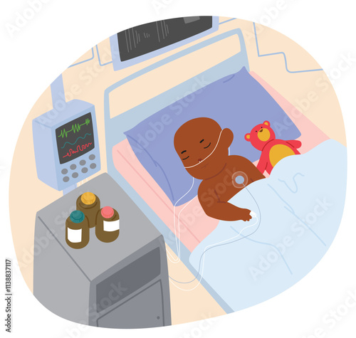 Little toddler kid cartoon character receiving treatment from cancer lying in hospital ward scene