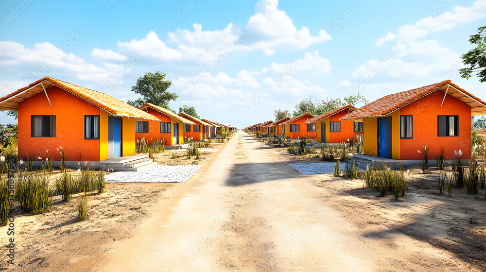 Vibrant orange and yellow houses line a dirt road, creating a picturesque village scene under a sunny sky. Vibrant orange and yellow houses line a dirt road, creating a picturesque village scene under a sunny sky.