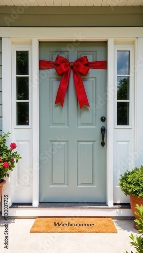 A front door of a new house tied with red ribbon and a bow. Welcome entrence doormat. New house moving and buy house concept, vertical