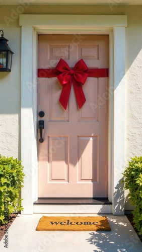 A front door of a new house tied with red ribbon and a bow. Welcome entrence doormat. New house moving and buy house concept, vertical