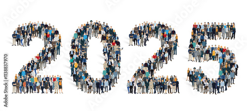 foule de personnages, d'employés d'une entreprise, gens d'une équipe réunis pour former le nombre 2025. Carte de vœux pour la nouvelle année sur fond blanc	