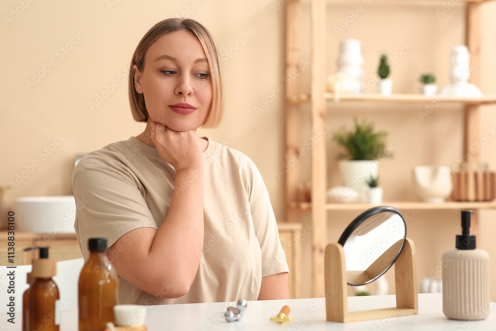 Woman doing face building exercise at home Woman doing face building exercise at home