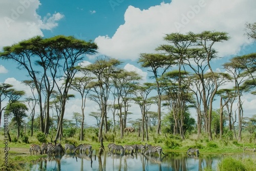 A herd of zebras drinking at a waterhole surrounded by tall acacia trees