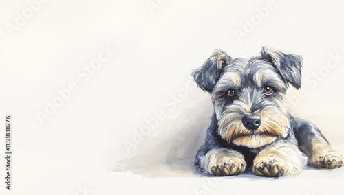 A watercolor sketch of a schnauzer in gentle hues, depicted in profile with a plain background, ideal for adding text or branding, making it a great choice for pet enthusiasts. photo