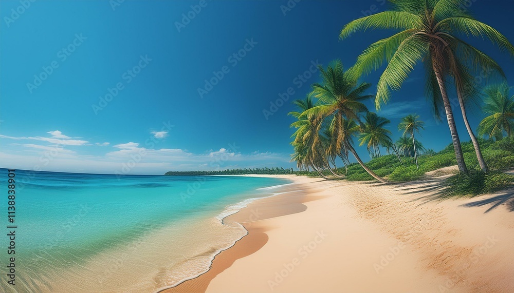 Fototapeta premium A panoramic view of a fine sandy beach lined with palm trees, with a turquoise sea and a clear sky.
