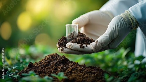 Scientist analyzing soil sample for sustainable agriculture and environmental research photo