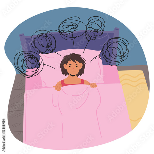 Frustrated woman cartoon character suffering from depression and insomnia late at night scene