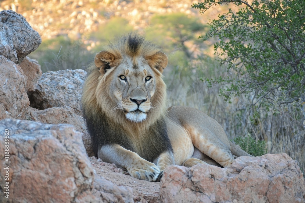 A majestic African lion with a golden mane resting on a rocky outcro A majestic African lion with a golden mane resting on a rocky outcro
