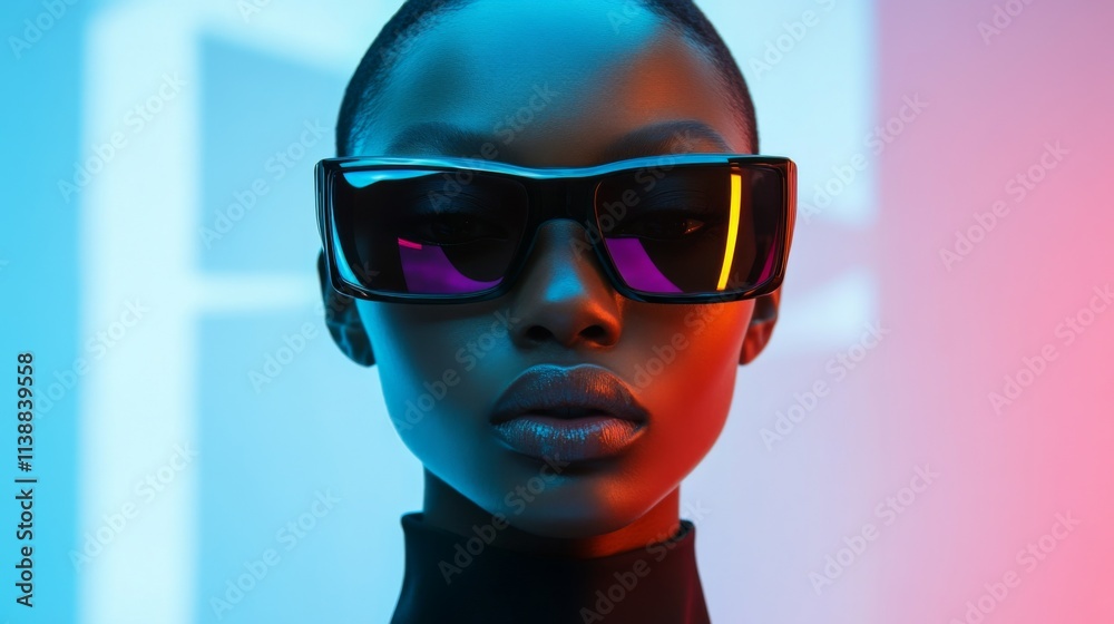 Futuristic portrait of a woman wearing black neon visor Futuristic portrait of a woman wearing black neon visor