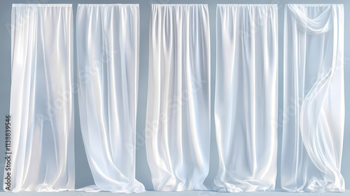 Bundle of white sheer curtains with different drapery, semi-transparent. Diaphanous. Illustration