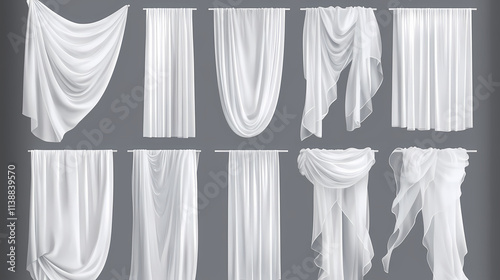 Bundle of white sheer curtains with different drapery, semi-transparent. Diaphanous. Illustration
