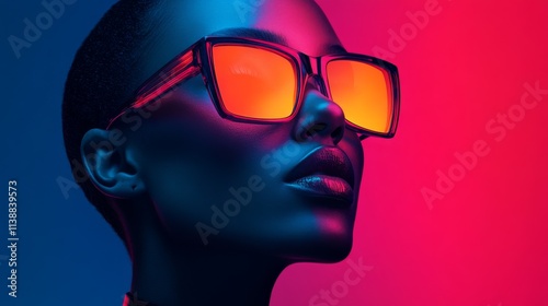 Stylish futuristic portrait of a woman with glowing orange glasses