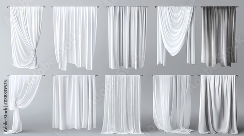 Bundle of white sheer curtains with different drapery, semi-transparent. Diaphanous. Illustration