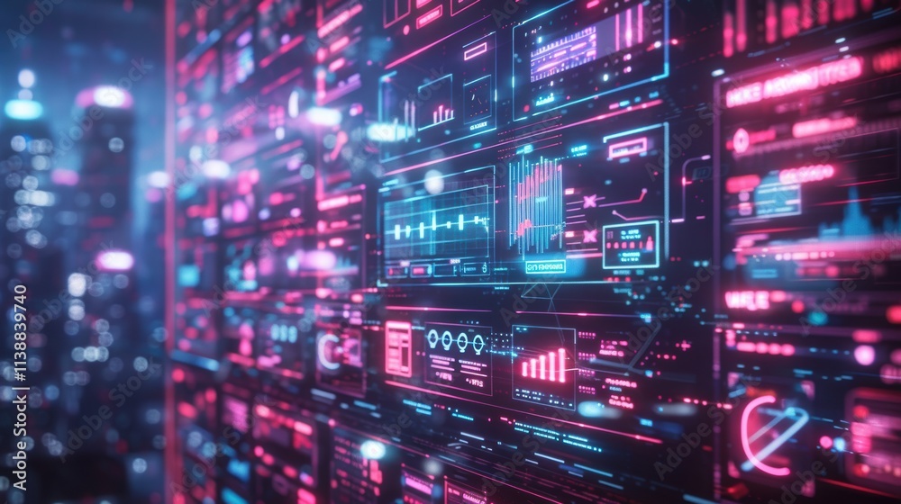Futuristic digital interface with data and graphs on a large screen at night. Futuristic digital interface with data and graphs on a large screen at night.