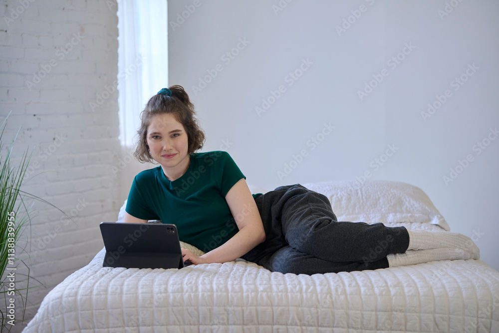 Cute young brunette woman in green shirt and sweatpants relaxes on bed using tablet computer Cute young brunette woman in green shirt and sweatpants relaxes on bed using tablet computer