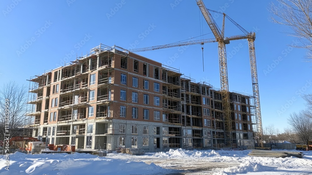 Winter construction site with cranes and unfinished building Winter construction site with cranes and unfinished building