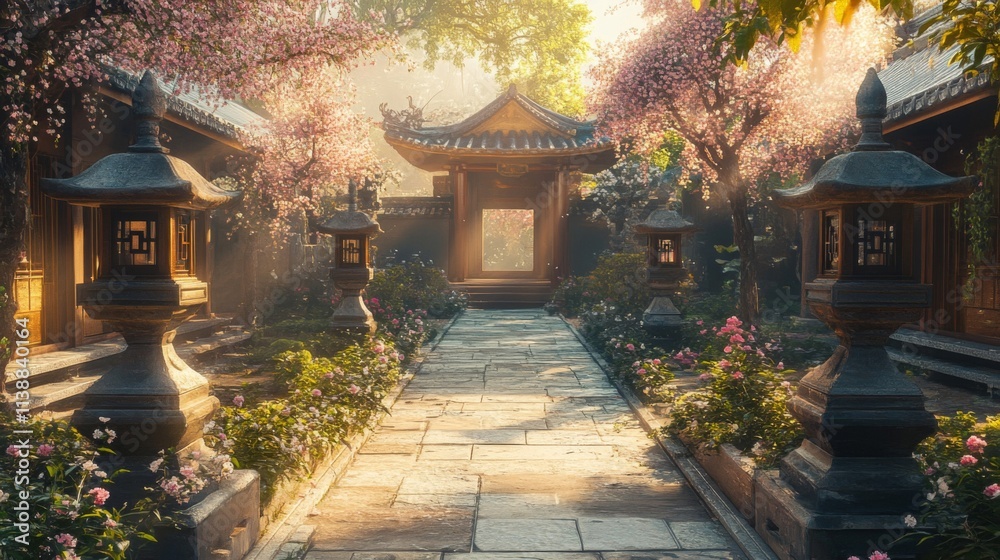 Fototapeta premium Serene Asian Garden Path Leads to Wooden Gate