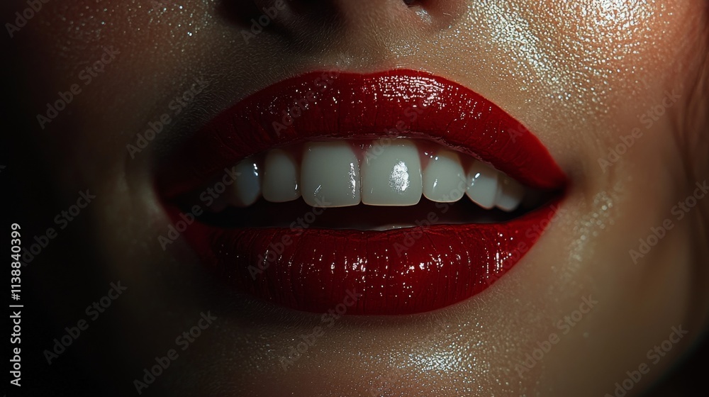 Obraz premium Close-up of a woman's smile with bold red lips and perfect teeth