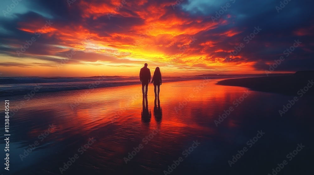 Fototapeta premium Silhouette of two people standing on a beach at sunset with dramatic clouds