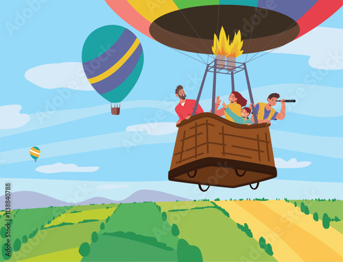 Happy parents and children characters enjoying amazing trip adventure travelling by air hot balloon