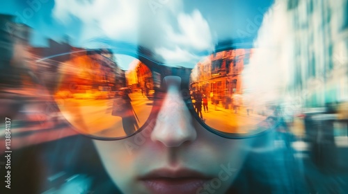 Urban Cityscape Reflected in Sunglasses. Concept of Perspective and Urban Life.