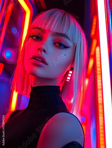 Stylish young woman with bright neon lighting in a modern setup