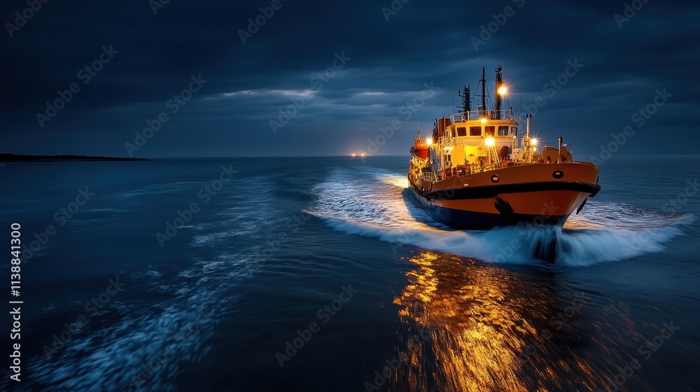 Fototapeta premium A bright ship cuts through dark ocean waters under a deep blue sky, its lights reflecting on the waves, creating a captivating contrast between light and dark.