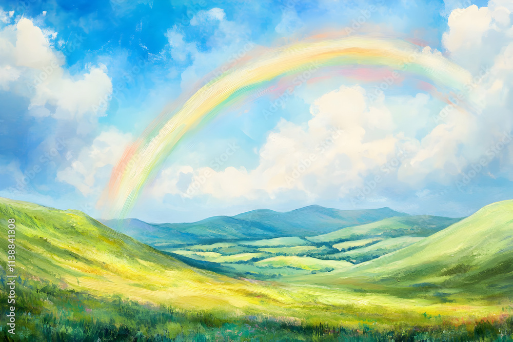 A vibrant rainbow arches over the hills, showcasing nature\'s beauty in the sky A vibrant rainbow arches over the hills, showcasing nature\'s beauty in the sky