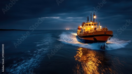 A bright ship cuts through dark ocean waters under a deep blue sky, its lights reflecting on the waves, creating a captivating contrast between light and dark.