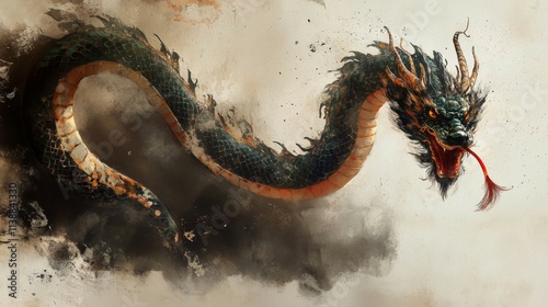 Ancient Dragon Majestically Coiled In Artistic Watercolor Style photo