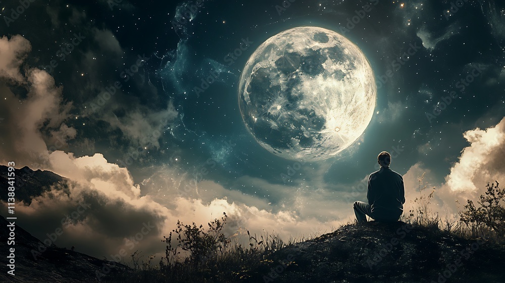 Man Contemplating the Full Moon at Night. Concept of Serenity, Reflection, and the Universe.