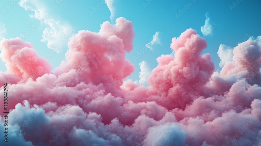 Pink fluffy clouds glowing in a serene blue sky Pink fluffy clouds glowing in a serene blue sky