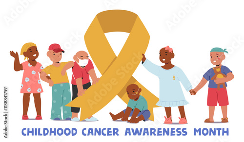 Childhood cancer awareness month supporting poster with sick little children and yellow ribbon